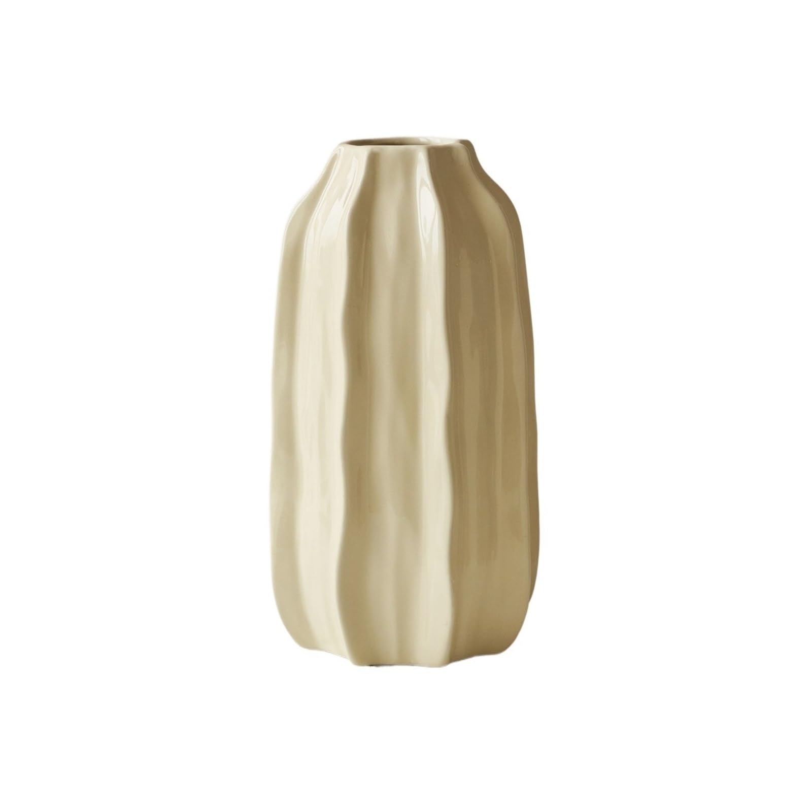 guiling-1986 Vases Decor Cream Beige Fluted Ceramic Vase Glossy Vertical Ribbed Decorative Vessel Flower Vases(Large)