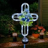 Qobumy 38 inch Cross Solar Light Outdoor Art Decoration - Metal and Blue Artificial Flower Craft Solar Light Stake- for Scenes Such as Garden Lawn Patio Patio Cemetery or Auditorium.