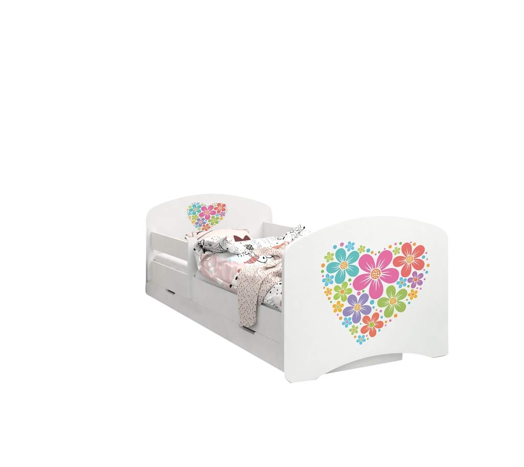 Happy Babies - Dwustronne łóżko dziecięce ze skrzynią Nowoczesne wzornictwo z bezpiecznymi krawędziami i zabezpieczeniem przed upadkiem materac piankowy 7 cm. (190 x 90, 04. Serce z kwiatów)