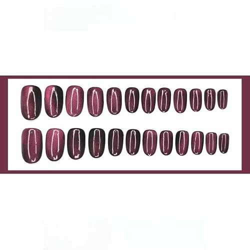 Purple Cat Eye Press On Nails Medium Length Round False Nails 24 Pcs Dark Purple Glossy Glue On Nails Color Changing With Light Luxury Acrylic Fake Nails For Women Girls #TOP4