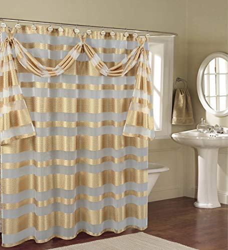 BH Home & Linen Decorative Sheer Scarf Shower Curtain with Floral & Striped Designs 70