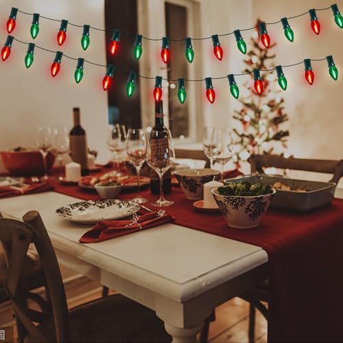 Image of GOOTHY C7 LED Red and Green Christmas Lights 25Ft LED Outdoor String Lights with 27 Clear Red & Green Bulbs, Vintage Christmas Lights for Tree Carnival Patio Wedding Holiday Pathway Roofline Decor