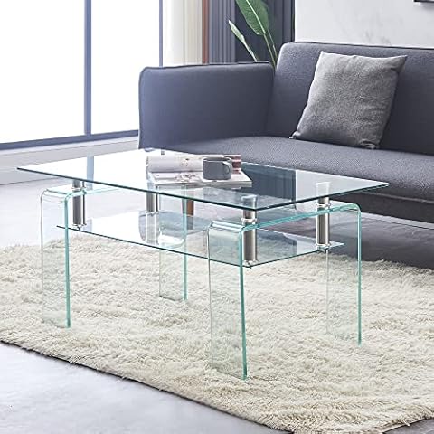 Tempered Glass Coffee Table with Glass Legs Modern Small Coffee Table for Livingroom (39.4"x21.7"x17.7") Cover