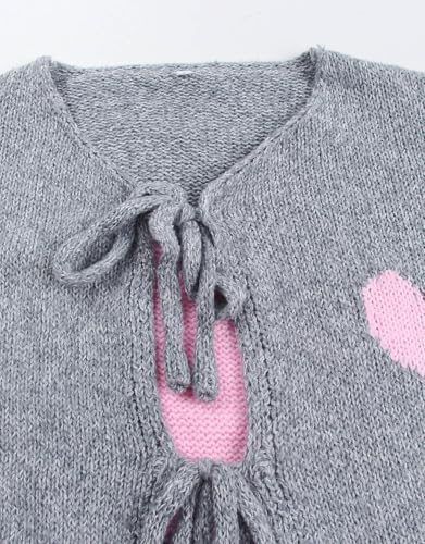 Image of Women's Tie Cardigan Sweaters Long Sleeve Chunky Knit Big Cute Heart Sweater Coats Grey X-Large