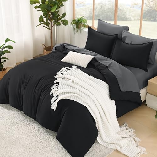 Litanika Comforter California King Size Set Black Grey - 7 Pieces Bed in a Bag California King Bedding Comforter Sets, Plain Lightweight Bed Set with Comforter, Sheets, Pillowcases & Shams