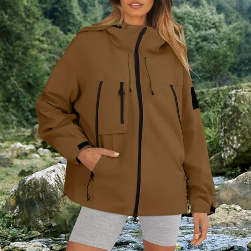 Generisch Winterjacke Damen Warm Wasserdicht,Outdoor Jacken Für Damen Leichte Einfarbig Mit Kapuze Strickjacke Reißverschluss Regenmantel Mit Taschen Große Größen Freizeitjacke (Coffee-a, M)