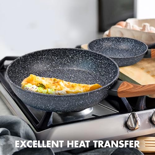 wellhouse 3PCS Non Stick Frying Pan Set Saute Fry Pan Granite Skillet Egg Omelette Pans Heat-Resistant Handle Nonstick Pots and Pans Cookware Set including Wood Detachable Handle - Image 3