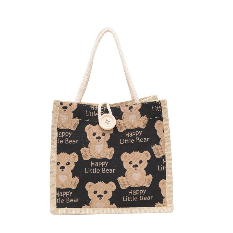 HATFRYF Mini Jute Tote Bag with Bear Prints, Cute Bear Tote Handbag, Reusable Jute Burlap Folding Shopping Bags, Fabric Bags Small with Handles, Black Bag Gift for Daily,Office,School Work