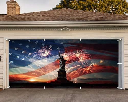 4th of July Party Garage Door Cover 16x7ft American Flags Garage Door Backdrop Independence Day Garage Banner Memorial Day Decoration Patriotic Backdrop the Statue of Liberty Flag Day Background