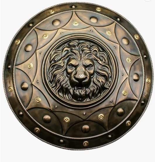 Lion Face Round Shield Medieval Iron Shield Knight Armor Shield Solid Steel Round Metal Shield Wall Home Décor Item (Antique Brass, 24 inch)