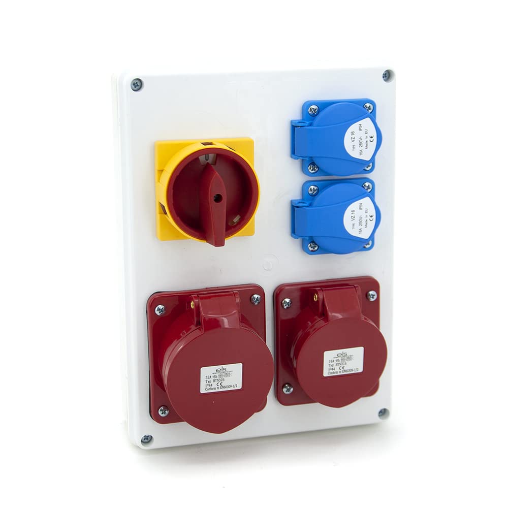 ELS Elektrotechnika Distribuidor de corriente para construcción, 2 enchufes Schuko, 2 x 230 V + 1 x CEE 32 A y 1 x CEE 16 A con interruptor amarillo-rojo, cableado, para interior y exterior