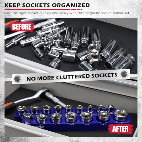 2-Piece 1/2"-Drive SAE Magnetic Socket Organizer Set (Holds 16 Sockets) - Detachable Tool Tray with 5mm Magnetic Base, Screw-Fixed Design & Heavy-Duty Modular Storage for Garage/Home Workshop