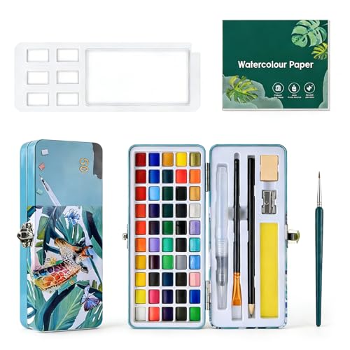 Acuarelas Set 50 Colores, Set Acuarelas en Estuche Portátil con Pincel, Papel de Acuarela y Accesorios de Dibujo, Watercolor de Viaje para Artistas Profesionales y Pintores Aficionados