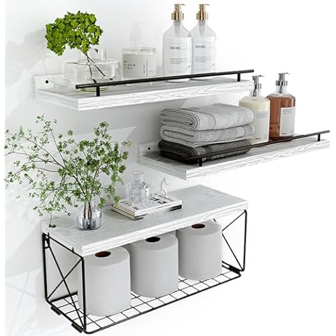 Hoiicco Bathroom Shelves with Metal Guardrail, Wood Floating Shelves over Toilet with Wire Storage Basket, Floating Wall Shelves for Bedroom, Living Room, Kitchen and Bathroom Cover