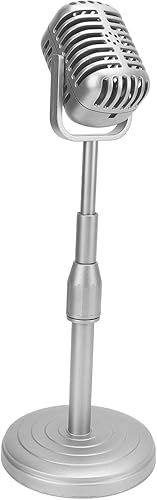 Accesorio de micrófono falso, decoración de mesa de micrófono vintage portátil, micrófono retro plateado con soporte ajustable para práctica de