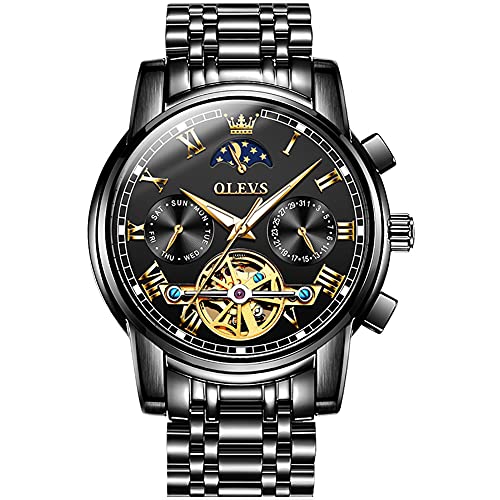 OLEVS Mens Watch Automatic Mechanical Tourbillon Slef-Wind Black Watch Luxury Stainless Steel Date Calendar Week Waterproof Luminous Wrist Watch