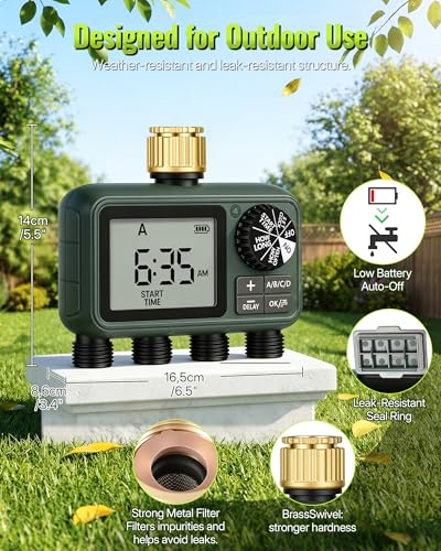 Image of 4-Zone Automatic Water Timer, 4 Plastic Outlets, Garden Hose Faucet Timer with Auto /Manual /Rain Delay Watering, for Garden, Yard, Lawn, Dark Green F14WT06