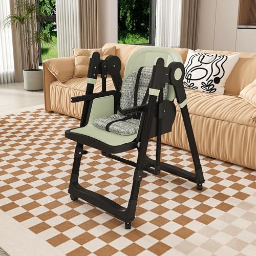 Image of Foldable Baby High Chair with 150 Swing & Recline,Convertible High Chairs for Babies and Toddlers,5 Height Levels,3 Backrest & Footrest Positions,Removable Double Tray,Lockable Wheels (Dark Green)
