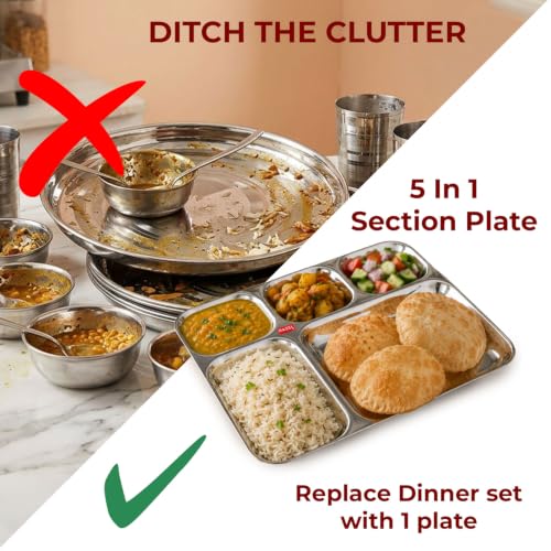 Image of HAZEL 5 Compartment Stainless Steel Plate Set of 2 | All in 1 Big Thali