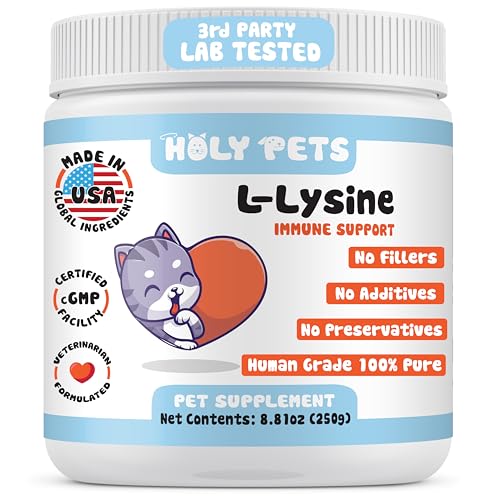 Holy Pets 100% Pure L-Lysine Powder for Cats No Flavors No Fillers or Preservatives 1 000mg per Scoop Immune Respiratory & Eye Support Helps with Sneezing Runny Nose & Cold Symptoms