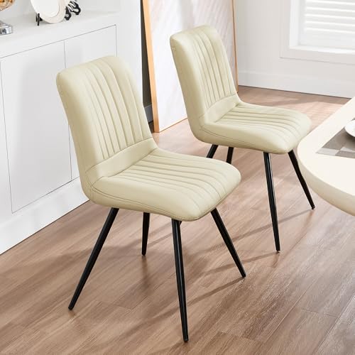 Image of Dining Chairs Set of 4, Modern Dining Chairs with Thick Cushions, PU Leather Upholstered Kitchen Dining Room Chairs with Metal Legs for Dining Living Room (Khaki)