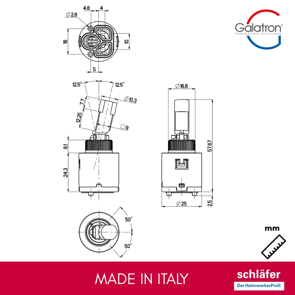Schläfer 4500225 - Ersatzkartusche Galatron G25 100 "G" TR - Zylinderhebel D.25, niedrig (25 mm x H 58 mm) 2 Füße für Mischbatterie Bad Dusche und Küche Reparaturset auslaufsicher