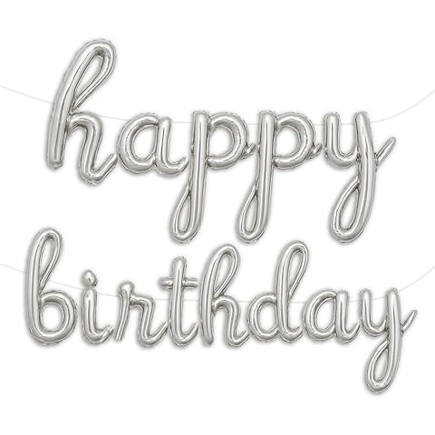 Silver Happy Birthday Balloons Banner | Script/Cursive Gold Letter Balloon Sign For Birthday Party Decor/Decoration | Foil Mylar Happy Birthday Banner