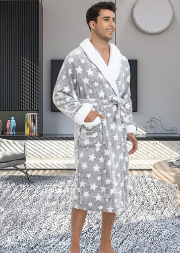Mens Xmas Halloween Shawl Collar Flannel Bathrobe Long Spa Towel Robe Nightgown Sleepwear4