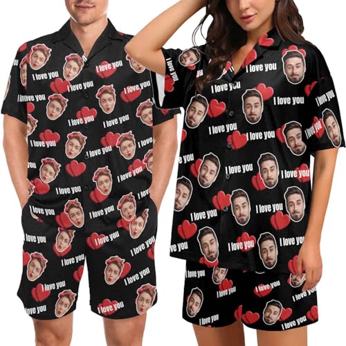 Custom Face Satin Pajama Set for Couple Personalized Photo V-Neck 2 Pieces Pajamas Loungewear Sleepwear Short Sets