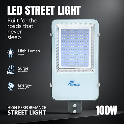 Image of Forus 100W LED Street Light with Clamp, IP66 Waterproof Outdoor LED Street Light, High Lumen 12000lm Daylight White, Aluminium Body for Road, Parking Lot, Garden & Industrial Outdoor Lighting (1 Pc)