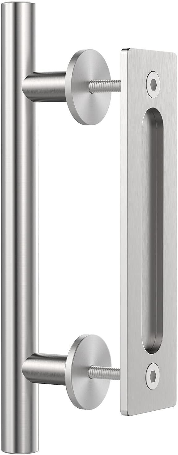 WINSOON 1 Pack12 Sliding Barn Door Handles Hardware with Flush Finger Pull Double-Sided Design, Pull and Flush Barn Door Handle Kit, Solid Steel Material, for Gate/Garages/Cabinet (1, Stainless)