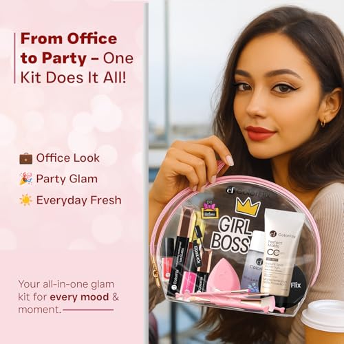 Image of ColorFlix Navrang Beauty Set - Complete 12-in-1 All-in-One Makeup Kit for Women & Girls, Includes CC Cream, Lipsticks, Mascara, Eyeliner, Beauty Blender, Brushes, Micellar Water & Travel Pouch, Full Face Makeup Combo Gift Set