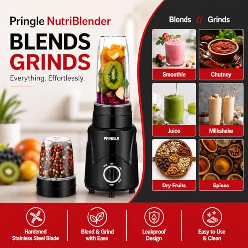 Image of Pringle AlexaPro Nutri Blender 450W | Smoothie Maker & Mixer Grinder | 2 Food Grade Jars | Dual Blade System | Compact Kitchen Blender | 1 Year Warranty | Black