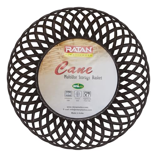 Image of RATAN PLASTICWARE Cane Large Plastic Storage Basket for Fruits, Vegetables & Snacks - Decorative Woven Design for Kitchen, Dining Table & Home Use I Pack of 3 - Dark Brown