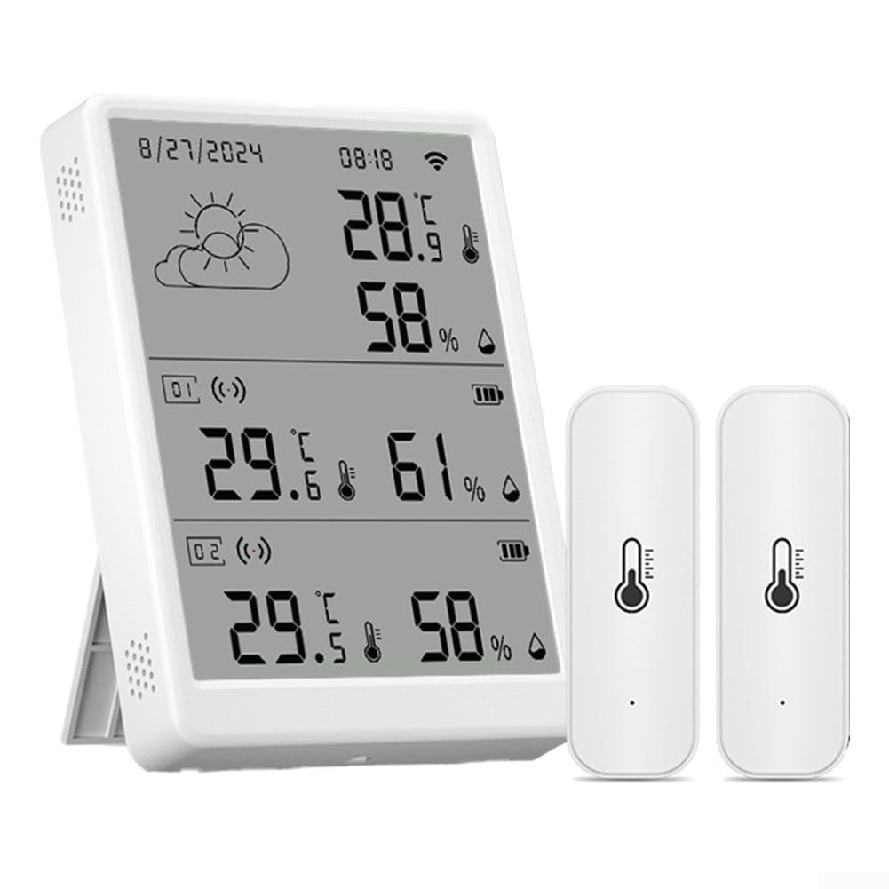 Higrómetro inteligente con monitoreo remoto y control de aplicación, pantalla grande de 4.3 pulgadas, sensor de temperatura y humedad interior con conectividad RF para el hogar, color