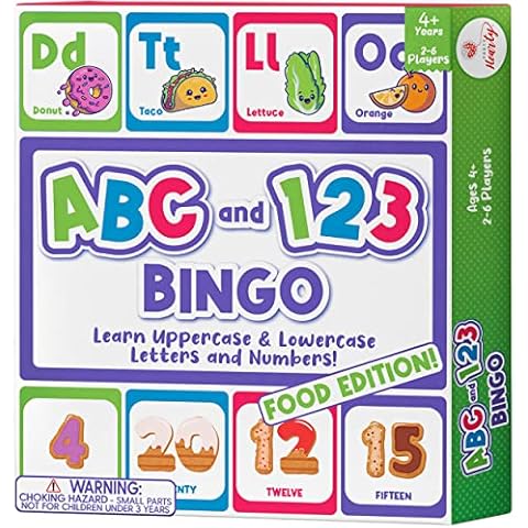 Party Hearty Alphabet and Number, ABC and 123 Bingo Board Game for Kindergarten and Preschool Kids Learn to Read Fun 2 Versions for Ages 4 and Up (Food Edition) Cover