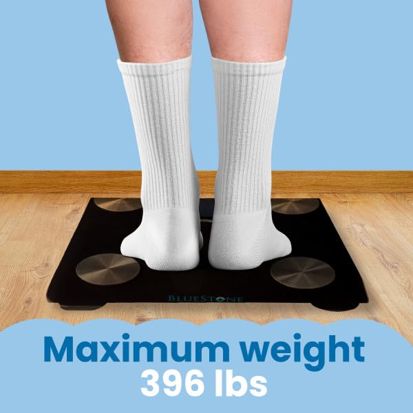 Person's feet on Bluestone Digital Body Fat Bathroom Scale, indicating 396 lbs max weight