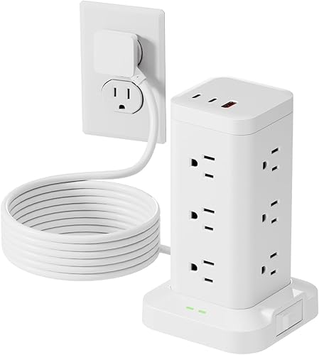 Miniatura 14 de Torre de regleta de alimentación con protector de sobretensiones de 1800J, torre de carga rápida PD20W puertos USB-C con 8 salidas de CA, cable