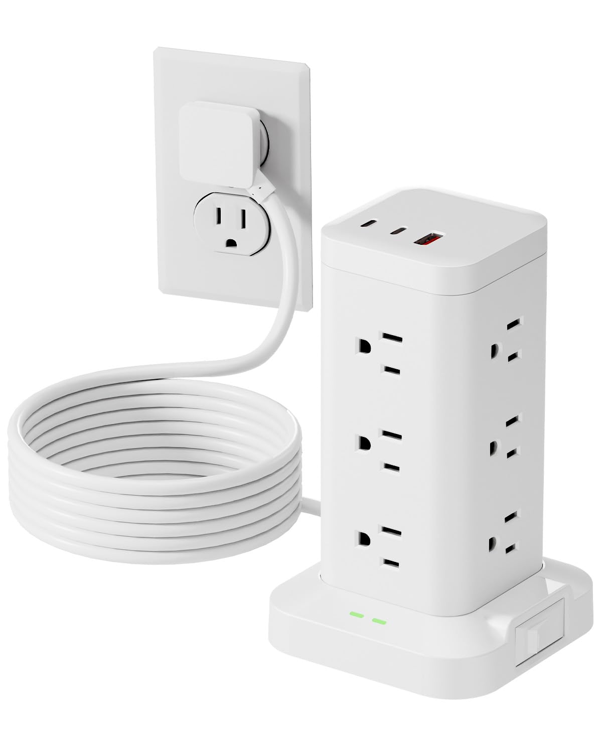 12AC 3USB Power Strip Tower Surge Protector, Extension Cord 8ft, White, 1
