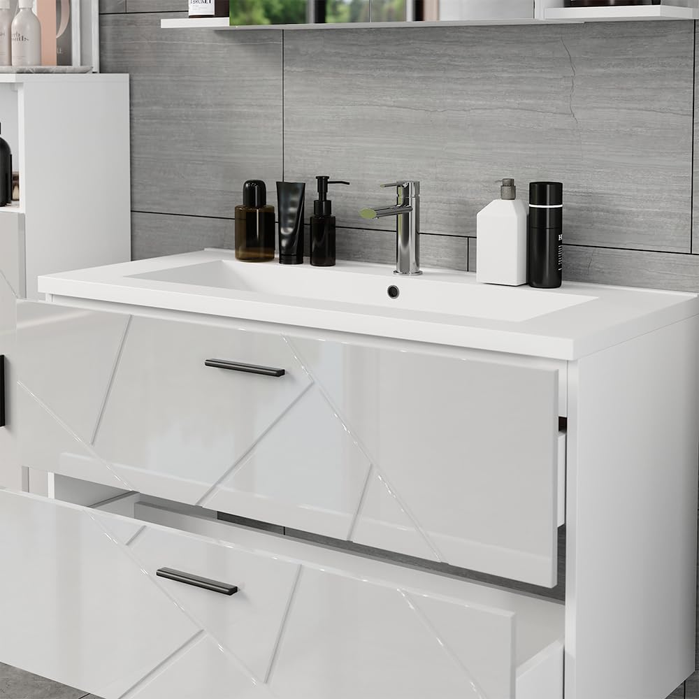 Vicco Ensemble de Meubles de Salle de Bains Irma, Blanc/Blanc Brillant, 100 cm, composé d’Un Meuble sous-lavabo et d’Un lavabo