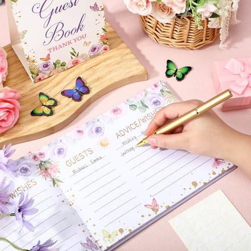 Image of Fuyoooo 27 Pcs Butterfly Floral Baby Shower Guest Book Set Baby Shower Sign in Guest Floral Book Place Table Cards with Gold Pen Adhesive Photo Corner for Birthday Party
