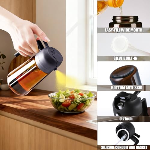 Image of Olive Oil Sprayer & Dispenser for Cooking, 16oz Dark Glass Oil Mister, 2PC | 2-in-1 Oil Sprayer & Pourer, Fine mist, Light-Blocking, Wide Mouth for Easy Refill & Clean, 8 Oil Labels, Reusable