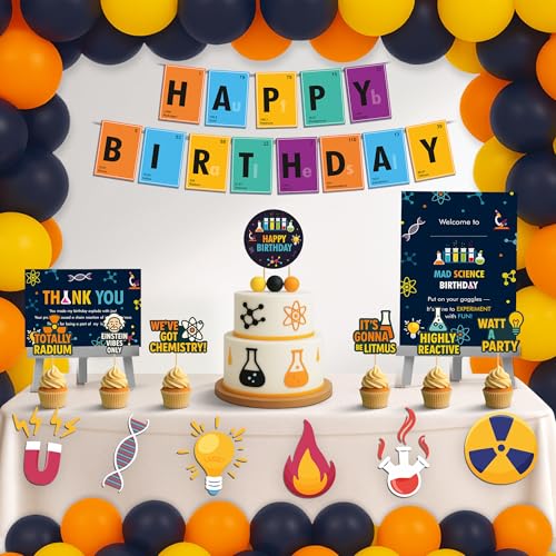 Image of Just Party Science Theme Party Decoration - 99 pcs Happy Birthday Decoration Kit for Kids | Science Theme Birthday Decoration Items for Boys & Girls|Includes Balloons, Cake Topper, Props,Theme Banners