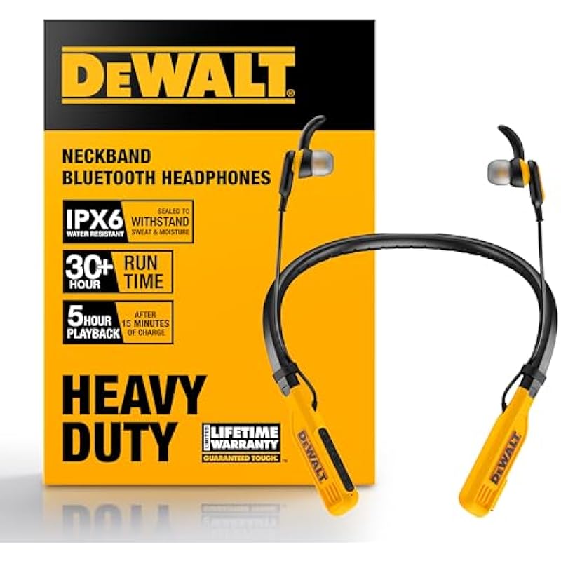 DEWALT Heavy Duty Bluetooth Neckband Headphones, Wireless Around The Neck Earbuds w/ 30H Runtime + Noise Isolation, Secure Magnetic Wireless Earbuds, Jobsite Pro Built-in Mic Bluetooth Headsets