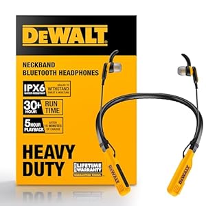 DEWALT Heavy Duty Bluetooth Neckband Headphones, Wireless Around The Neck Earbuds w/ 30H Runtime + Noise Isolation, Secure Magnetic Wireless Earbuds, Jobsite Pro Built-in Mic Bluetooth Headsets