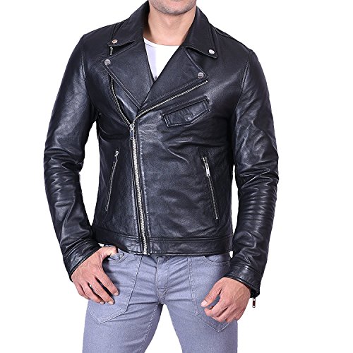 Image of SID Classic Men's Police Style Motorcycle Leather Jacket with Asymmetric Design and Functional Pockets