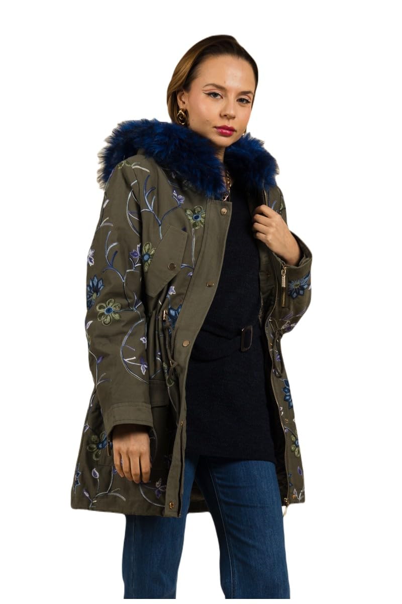 MULTIPLES Manteau kaki brodé de fleurs avec capuche en fourrure bleu, Grande taille disponible, Fabriqué en France