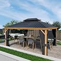 HAPPATIO 12' x 16' Hardtop Gazebo, Outdoor Wood-Grain Frame Aluminum Gazebo with Galvanized Steel Double Roof?Patio Canopy with Netting and Curtains for Patio, Deck?Backyard (Gray)