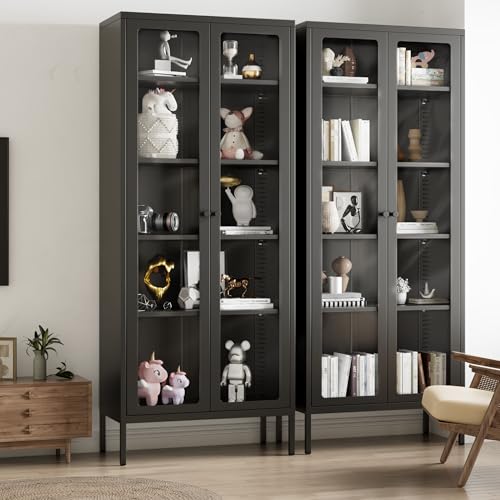 Greenvelly Metal Glass Display Cabinet with 5-Tier Storage Shelves, Tall Curio Cabinet with Glass Doors and Shelves, Black Steel Cabinet Collectibles Display Case for Home Office, Living Room, Pantry