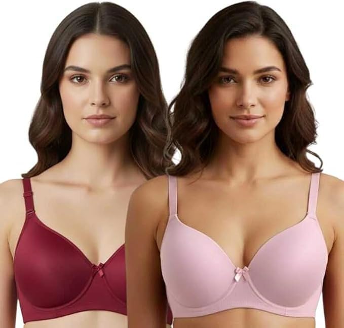 Image of Women's Cotton Blend Lightly Padded Full Coverage Wirefree T-Shirt Bra Combo Pack of 2